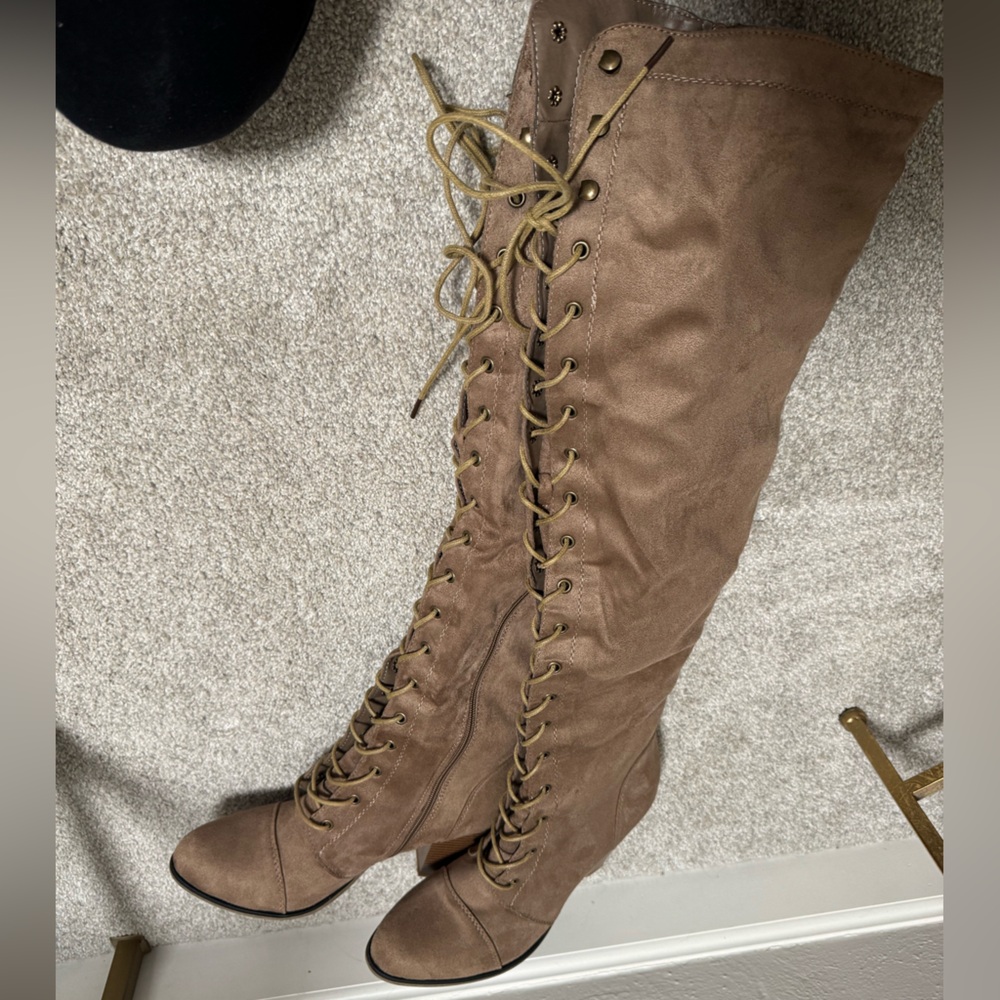Forever Camila 47 Taupe Lace-Up Knee-High Boots